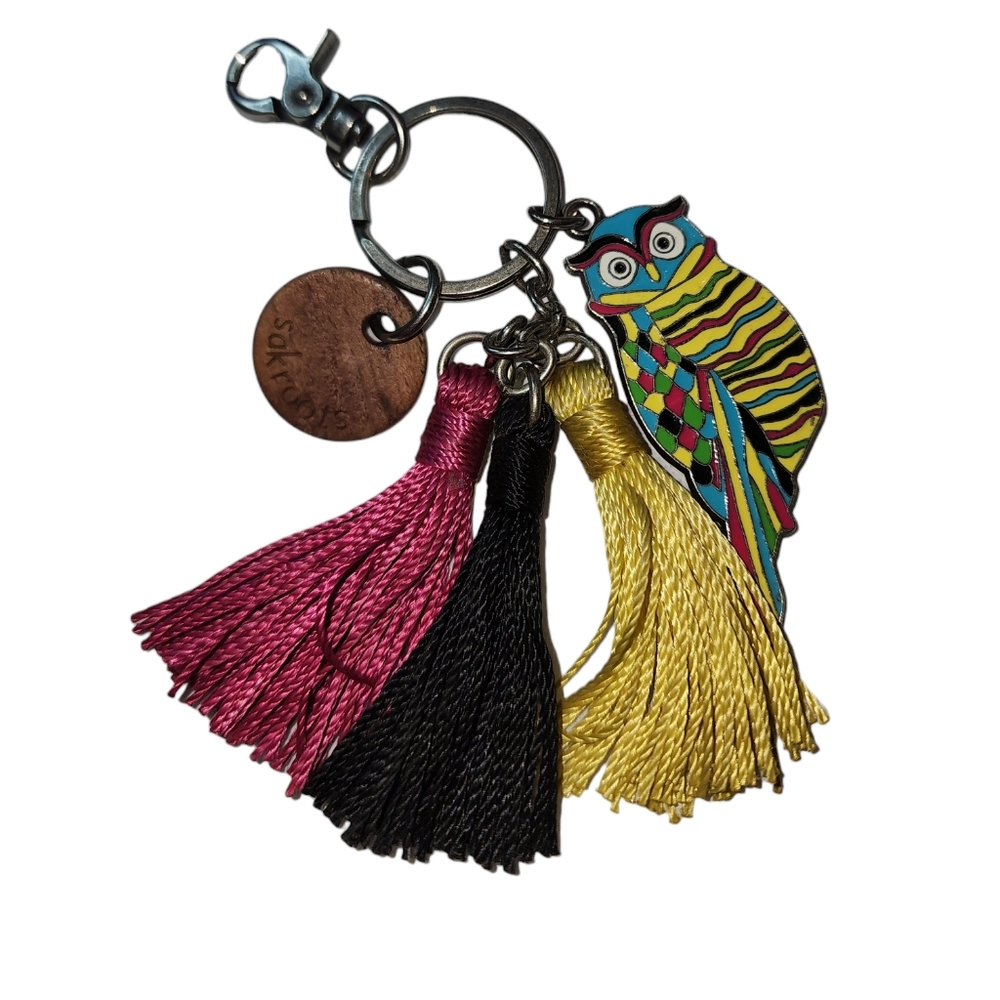 SAKROOTS THE SAK Keychain / Fob Clip Enamel OWL  With Tassels Purse Charm